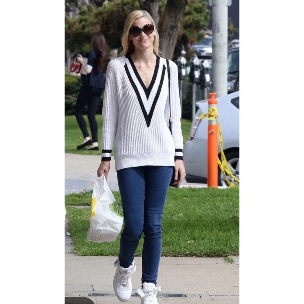 Rag & Bone Women Talia V-Neck Sweater White Black Trim Cotton Runway Style Small
